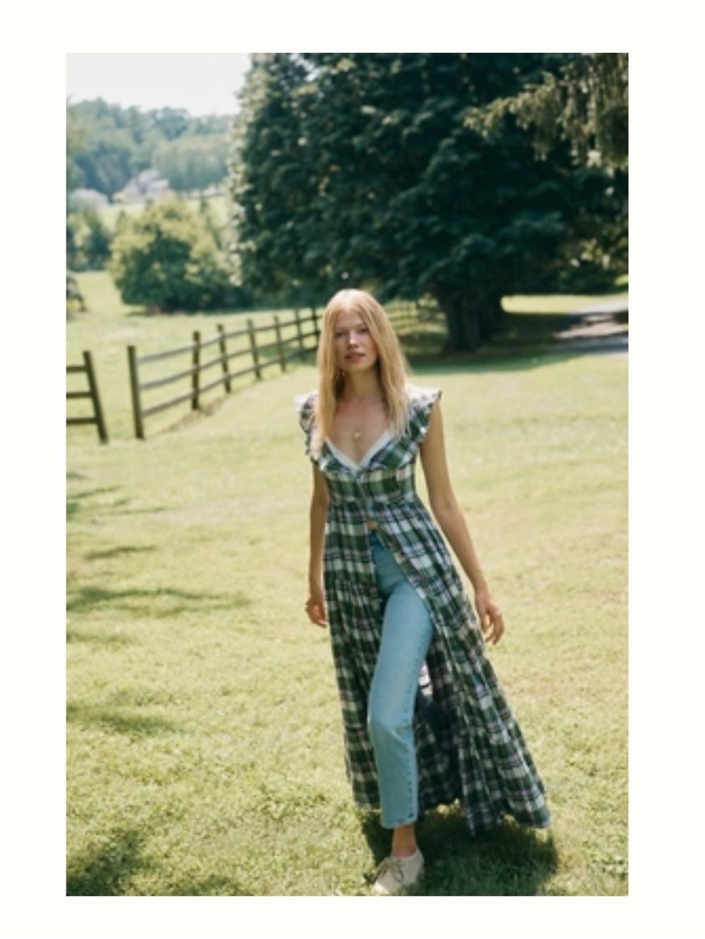 Pilcro Green Plaid Maxi tiered with flutter sleeves